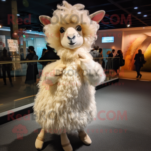 Cream Angora Goat mascot costume character dressed with a Evening Gown and Headbands