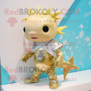 Gold Axolotls mascot costume character dressed with a Swimwear and Earrings