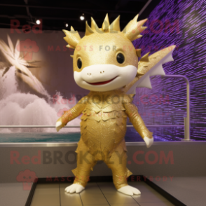 Gold Axolotls mascot costume character dressed with a Swimwear and Earrings