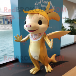 Gold Axolotls mascot costume character dressed with a Swimwear and Earrings