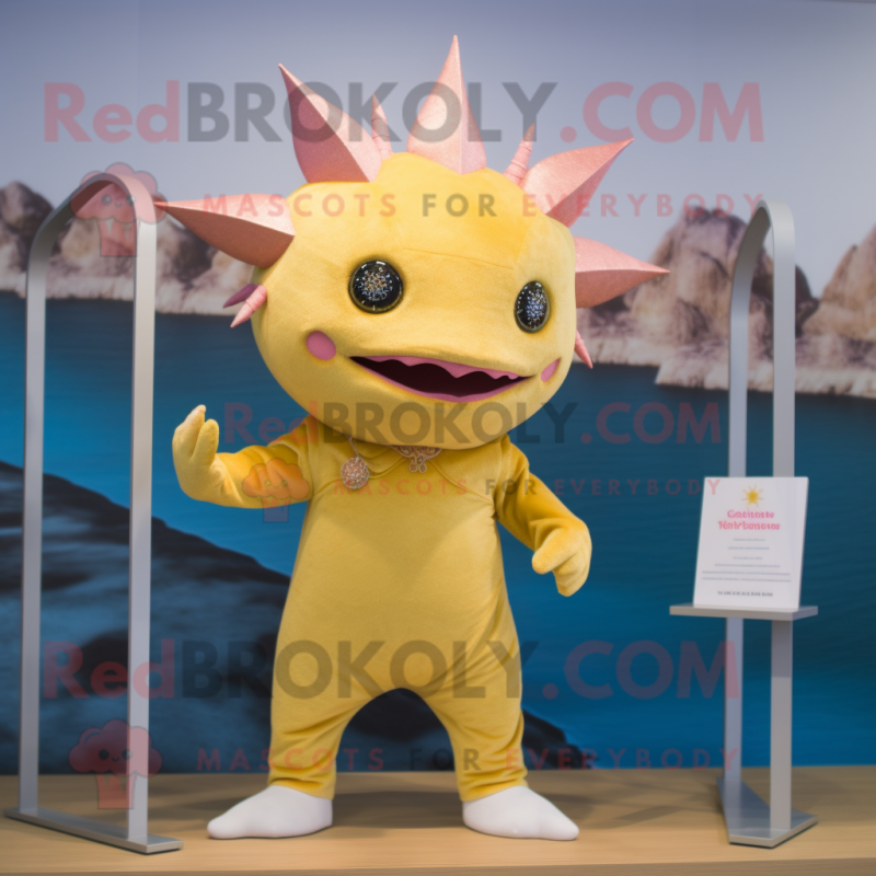 Gold Axolotls mascot costume character dressed with a Swimwear and Earrings