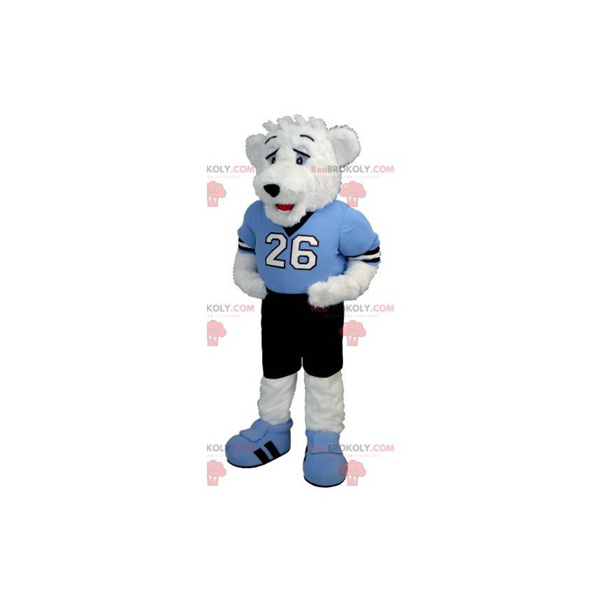 Mascote ursinho de pelúcia em traje azul e preto -