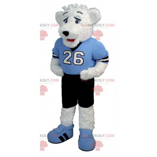 Bamse maskot i blå og sort tøj - Redbrokoly.com