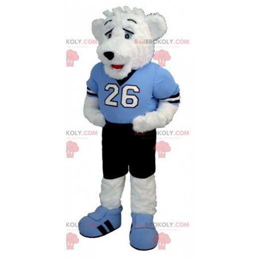 Mascotte d'ours blanc de nounours en tenue bleue et noire -