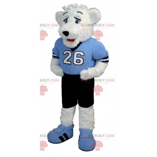 Teddy bear mascot in blue and black outfit - Redbrokoly.com