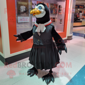 Black Penguin mascot costume character dressed with a Pleated Skirt and Tie pins