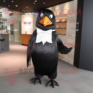 Black Penguin mascot costume character dressed with a Pleated Skirt and Tie pins