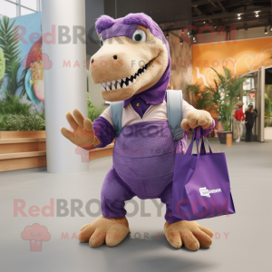 Purple Tyrannosaurus mascot costume character dressed with a Cargo Shorts and Tote bags