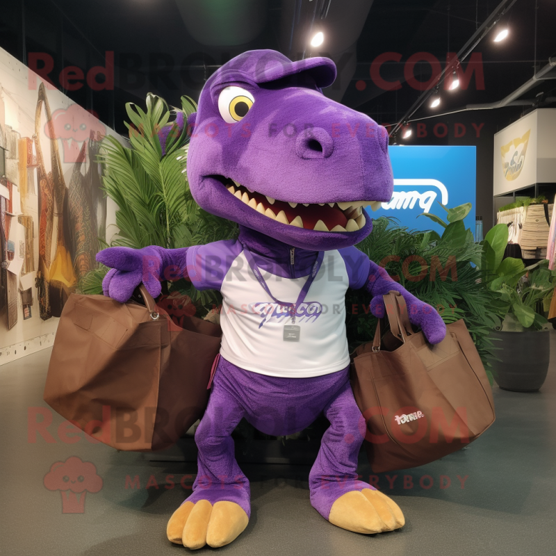 Purple Tyrannosaurus mascot costume character dressed with a Cargo Shorts and Tote bags