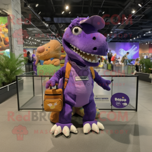 Purple Tyrannosaurus mascot costume character dressed with a Cargo Shorts and Tote bags