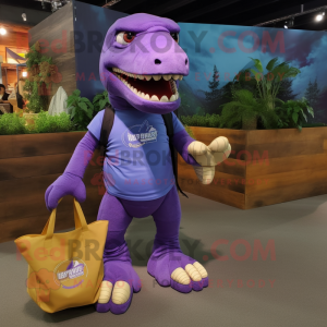 Purple Tyrannosaurus mascot costume character dressed with a Cargo Shorts and Tote bags