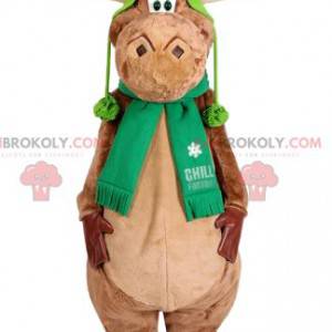 Mascotte de renne beige avec un bonnet vert. Costume de renne -