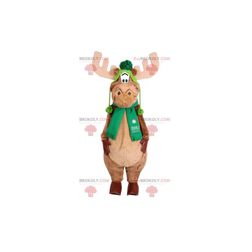 Beige reindeer mascot with a green cap. Reindeer costume -