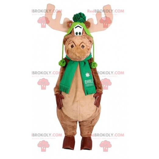 Beige reindeer mascot with a green cap. Reindeer costume -