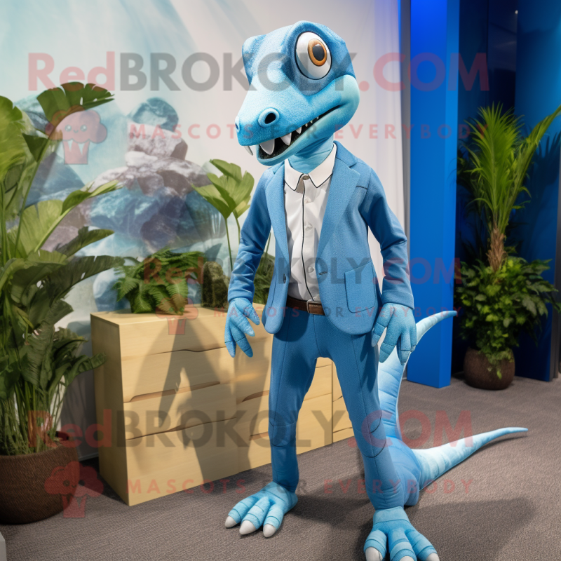 Sky Blue Dimorphodon mascot costume character dressed with a Suit and Pocket squares Sky Blue Dimorphodon mascot costume character dressed with a Suit and Pocket squares