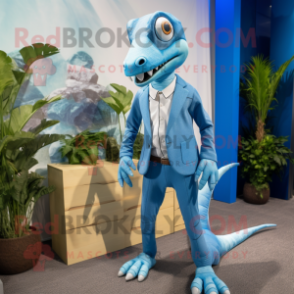 Sky Blue Dimorphodon mascot costume character dressed with a Suit and Pocket squares