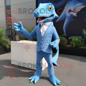 Sky Blue Dimorphodon mascot costume character dressed with a Suit and Pocket squares