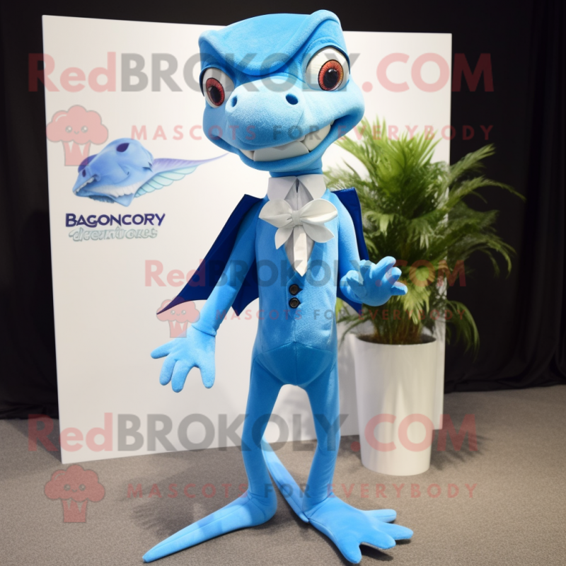 Sky Blue Dimorphodon mascot costume character dressed with a Suit and Pocket squares Sky Blue Dimorphodon mascot costume character dressed with a Suit and Pocket squares