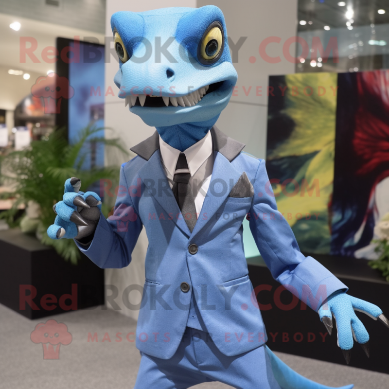 Sky Blue Dimorphodon mascot costume character dressed with a Suit and Pocket squares Sky Blue Dimorphodon mascot costume character dressed with a Suit and Pocket squares
