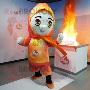 Peach Fire Eater mascot costume character dressed with a Hoodie and Shawls