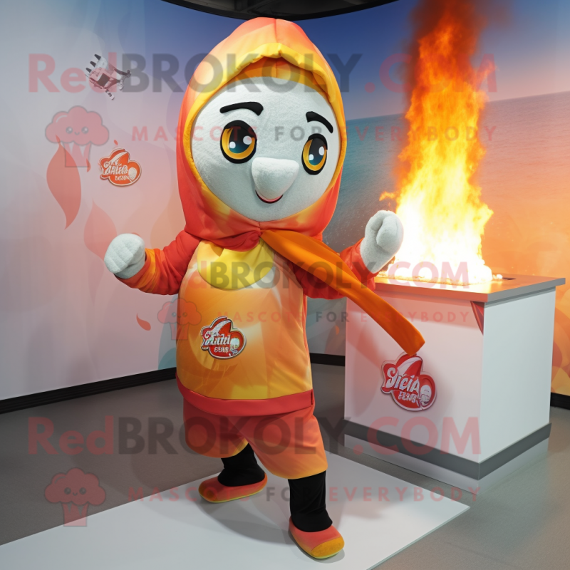 Peach Fire Eater mascot costume character dressed with a Hoodie and Shawls Peach Fire Eater mascot costume character dressed with a Hoodie and Shawls