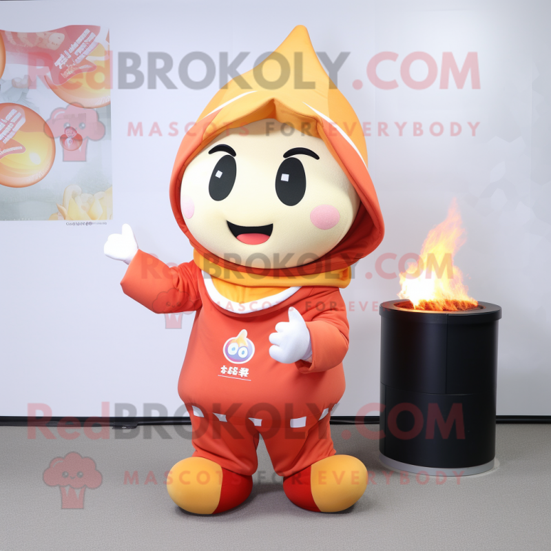 Peach Fire Eater mascot costume character dressed with a Hoodie and Shawls Peach Fire Eater mascot costume character dressed with a Hoodie and Shawls