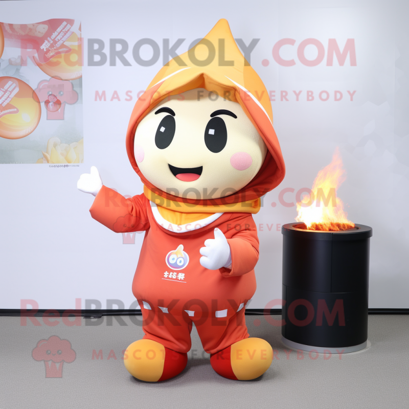 Peach Fire Eater mascot costume character dressed with a Hoodie and Shawls