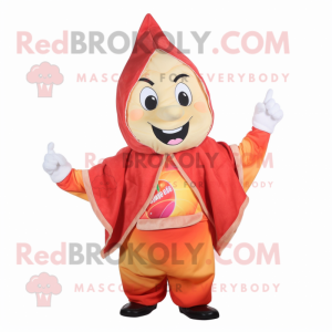 Peach Fire Eater mascot costume character dressed with a Hoodie and Shawls