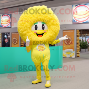 Lemon Yellow Donut mascot costume character dressed with a Jumpsuit and Hair clips