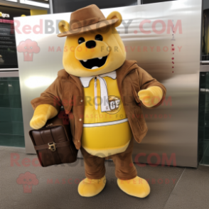 Gold Bbq Ribs mascot costume character dressed with a Jacket and Messenger bags