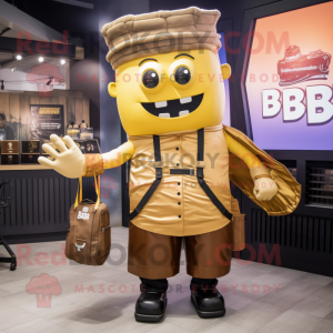 Gold Bbq Ribs mascot costume character dressed with a Jacket and Messenger bags