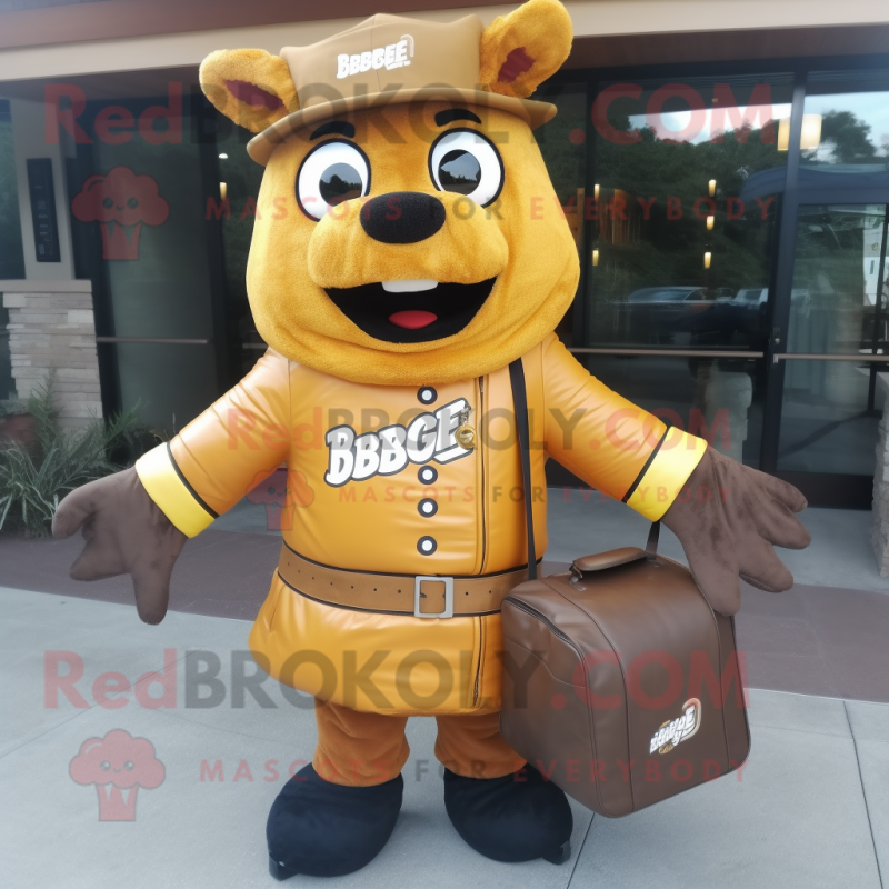 Gold Bbq Ribs mascot costume character dressed with a Jacket and Messenger bags