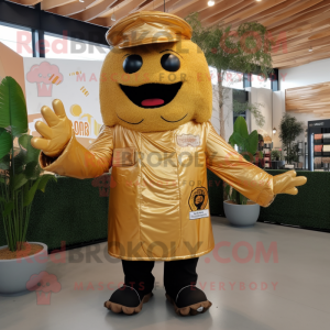 Gold Bbq Ribs mascot costume character dressed with a Jacket and Messenger bags