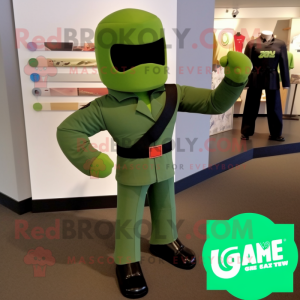 Green Gi Joe mascot costume character dressed with a V-Neck Tee and Cufflinks
