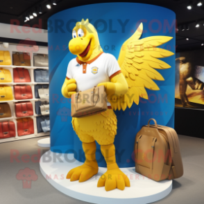 Gold Dove mascot costume character dressed with a Rugby Shirt and Wallets