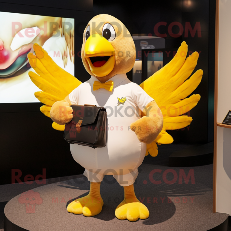 Gold Dove mascot costume character dressed with a Rugby Shirt and Wallets