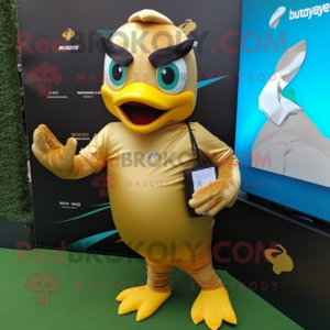 Gold Dove mascot costume character dressed with a Rugby Shirt and Wallets