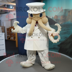 Cream Kraken mascot costume character dressed with a Dress Shirt and Berets