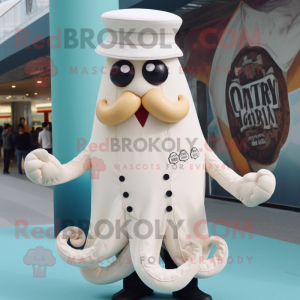 Cream Kraken mascot costume character dressed with a Dress Shirt and Berets