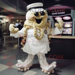Cream Kraken mascot costume character dressed with a Dress Shirt and Berets