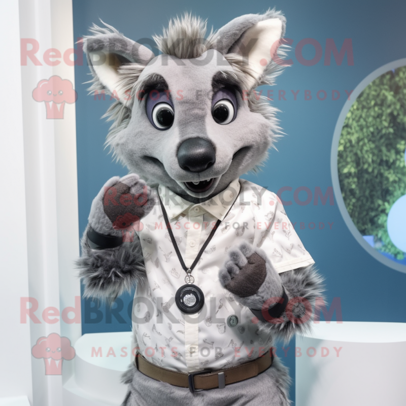 Gray Hyena mascot costume character dressed with a Blouse and Bracelet watches