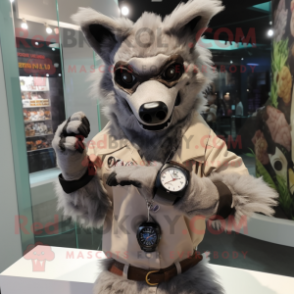 Gray Hyena mascot costume character dressed with a Blouse and Bracelet watches