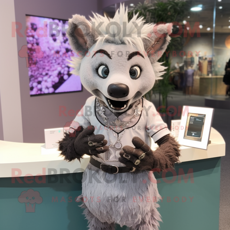 Gray Hyena mascot costume character dressed with a Blouse and Bracelet watches