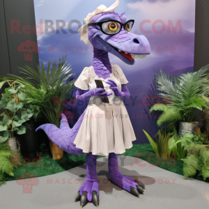 Lavender Velociraptor mascot costume character dressed with a Maxi Skirt and Eyeglasses