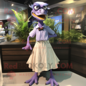 Lavender Velociraptor mascot costume character dressed with a Maxi Skirt and Eyeglasses