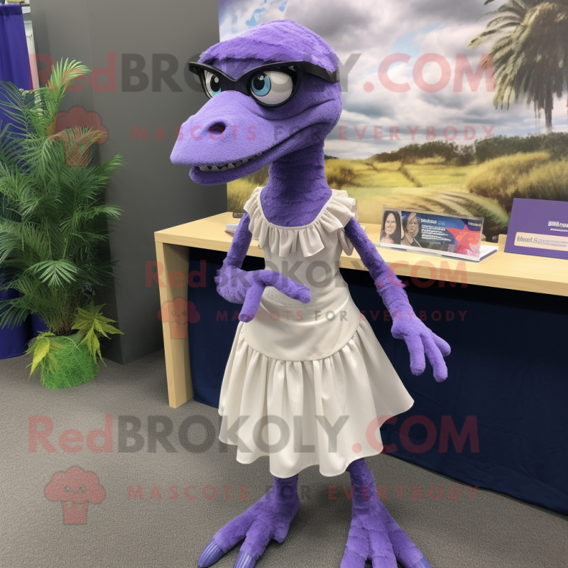 Lavender Velociraptor mascot costume character dressed with a Maxi Skirt and Eyeglasses