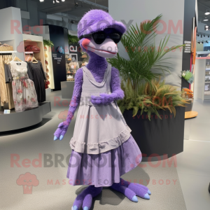 Lavender Velociraptor mascot costume character dressed with a Maxi Skirt and Eyeglasses