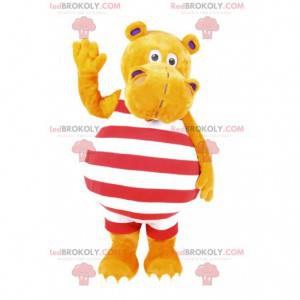 Mascotte ippopotamo giallo in costume da bagno a righe -