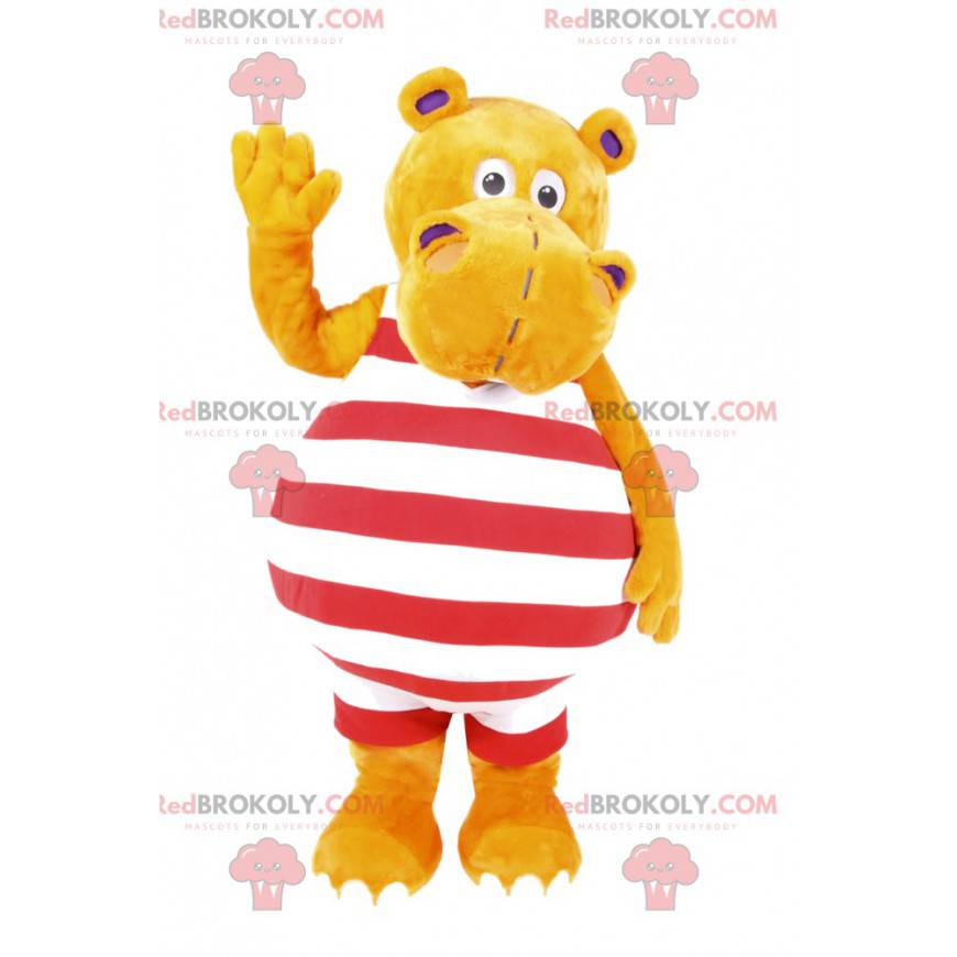 Gul hyppopotamus maskot i stribet badedragt - Redbrokoly.com Gul hyppopotamus maskot i stribet badedragt - Redbrokoly.com