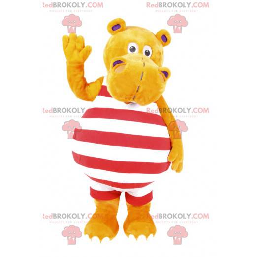 Gul hyppopotamusmaskot i randig baddräkt - Redbrokoly.com